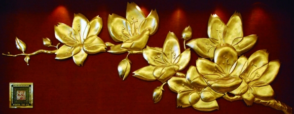 Golden Relief Sculpture of Cherry Blossoms